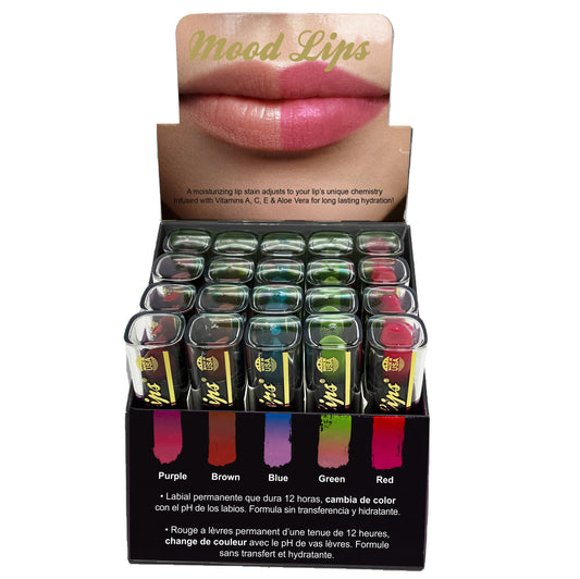 The Mood Lips 20 Piece Display features 20 long-lasting, color-changing mood lipsticks in purple, brown, blue, green, and red. The display box shows a close-up of pink lips on the header.