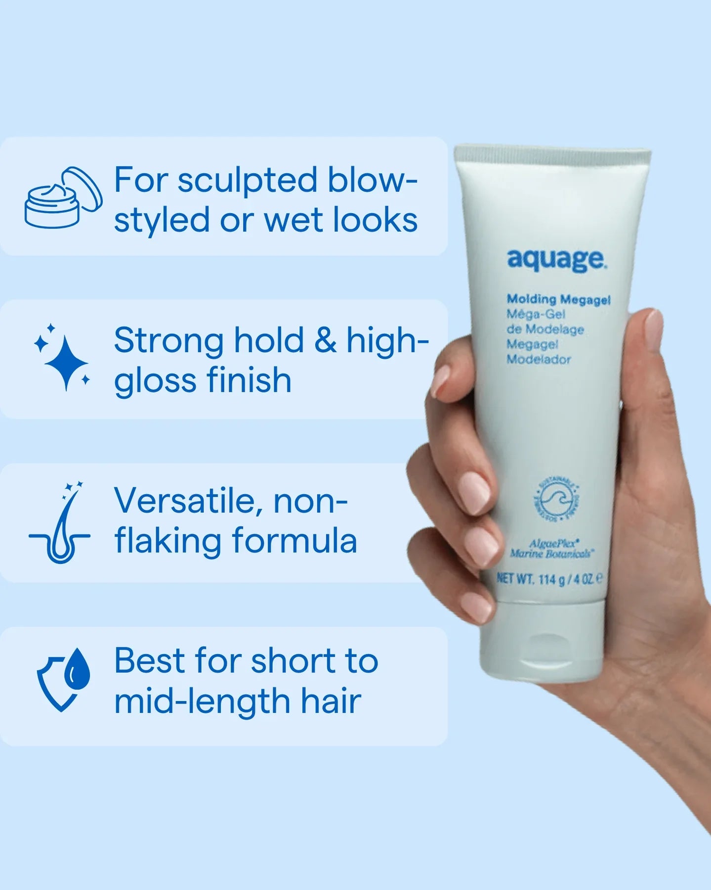 A hand holds Aquage Molding Megagel 4 oz. Icons and text highlight sculpted or wet looks, strong control, high-gloss finish, a non-flaking formula, and suitability for short to mid-length hair.