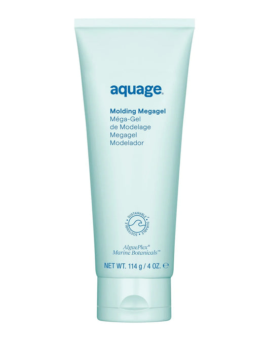 A pale blue tube of Aquage Molding Megagel 4 oz with the Aquage logo, English, French, and Spanish text. It has a flip-top cap on the bottom and provides strong control. Net weight: 114g / 4 oz.