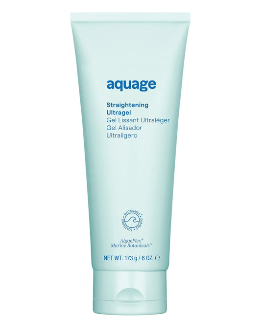 Aquage Straightening Ultragel 6 oz comes in a light blue tube labeled in English, French, and Spanish. Infused with marine botanicals, this styling gel offers humidity resistance—perfect for curly hair. Contains 173g (6 oz).