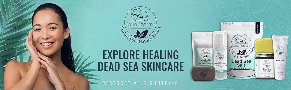 A smiling woman stands beside Natural Elephant Fine Dead Sea Salt and other skincare items. The text reads, “Explore Healing Dead Sea Skincare — Restorative & Soothing therapeutic properties.”.