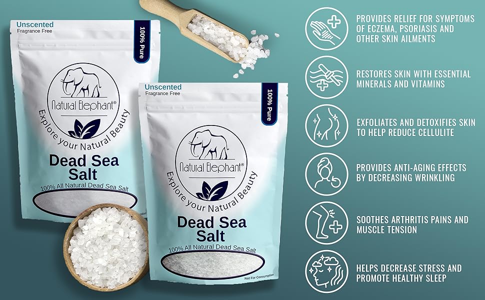 Two bags of Natural Elephant Fine Dead Sea Salt are shown with a bowl and spoon. Icons and text on the right highlight its benefits: exfoliating skin, relieving eczema, reducing cellulite, and soothing muscle tension.