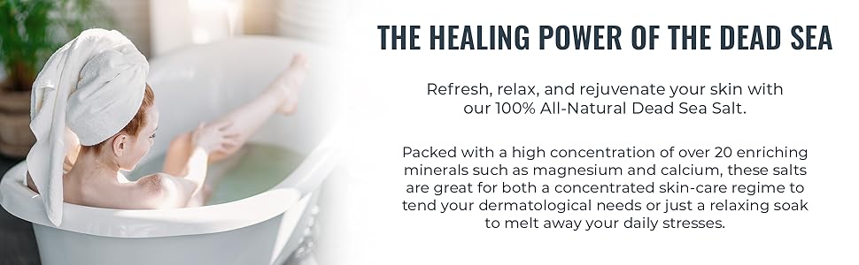 A person relaxes in a white bathtub with a towel on their head. Text highlights the exfoliating and therapeutic properties of Natural Elephant Fine Dead Sea Salt, emphasizing relaxation and mineral-rich skin nourishment.