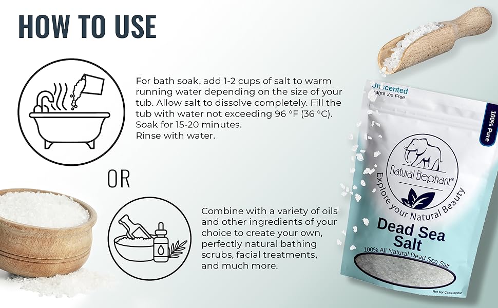 How to use Natural Elephant Fine Dead Sea Salt: add 1–2 cups to warm bath water and soak for 15–20 minutes, or mix with oils as an exfoliating scrub. Image shows instructions, a wooden scoop of salt, and the product packet.