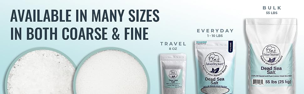 Natural Elephant Fine Dead Sea Salt offers exfoliating and therapeutic benefits. Available in fine texture, choose travel (8 oz), everyday (1–10 lbs), or bulk (55 lbs) bags. Round containers highlight the salts unique grains.