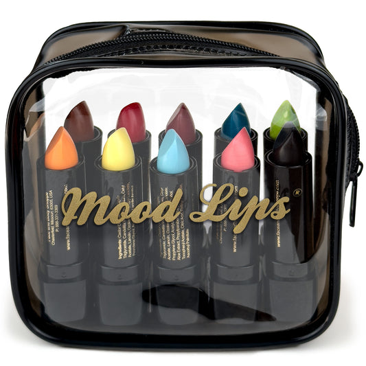 A clear zippered pouch labeled Mood Lips 10 Pack Set holds ten colorful, color-changing lipstick tubes in orange, yellow, red, blue, pink, brown, green, and black.