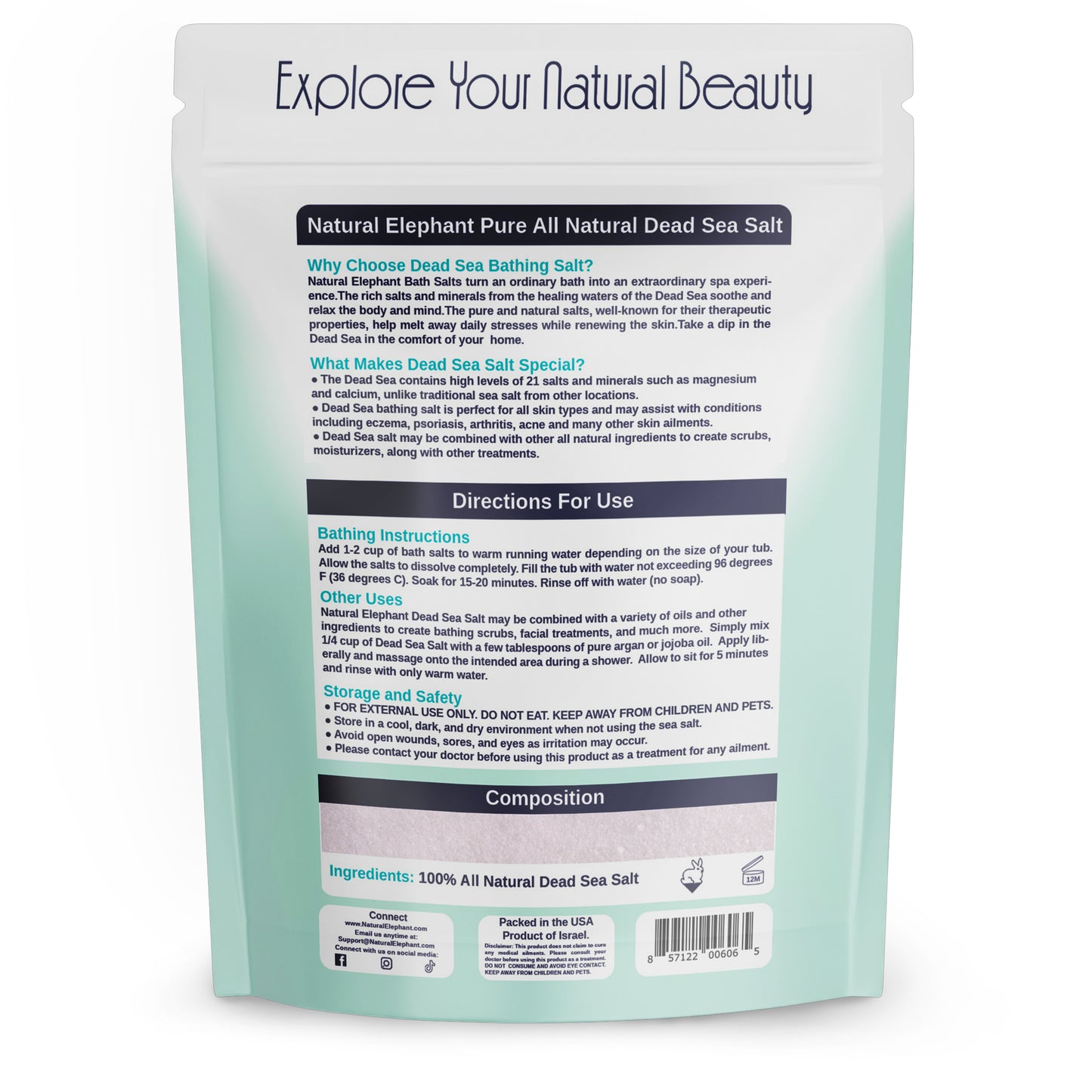 Back of a mint-green and white pouch labeled Explore Your Natural Beauty, showing info, usage directions for exfoliating benefits of Natural Elephant Fine Dead Sea Salt, ingredients list, barcode, and QR code.