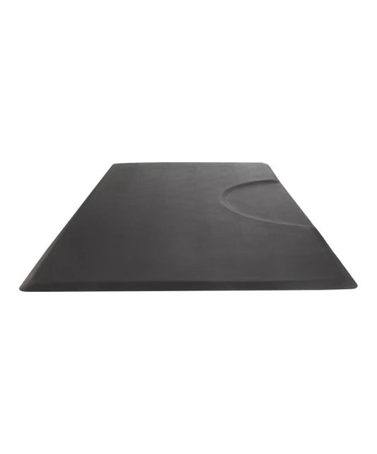 Black rectangular super soft salon mat with beveled edges and cushioned contour support for standing stylists