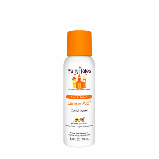 A 3.3 fl oz (100 ml) white bottle of Fairy Tales Lemon-Aid Kids Conditioner with an orange cap, sulfate-free, for swimmers’ hair; features orange and purple text, fairy-tale castle art, and fruit icons on the label.