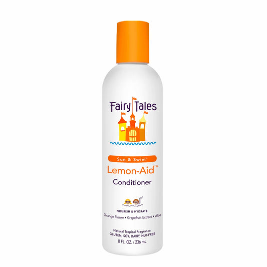 A white 8 fl oz (236 mL) bottle of Fairy Tales Lemon-Aid Kids Conditioner with an orange cap. The label has a castle graphic and notes this sulfate-free conditioner nourishes and hydrates hair.
