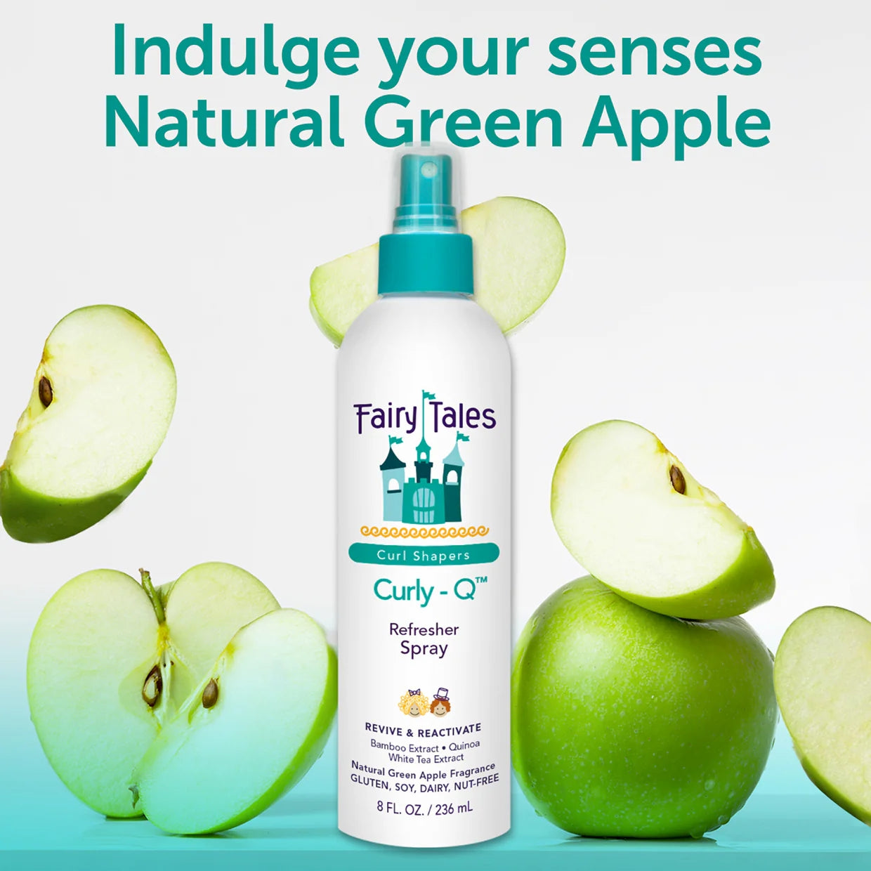A bottle of Fairy Tales Curly-Q Kids Refresher Spray for Curly Hair 8 oz with green accents and a spray nozzle is set among whole and sliced green apples, beneath the text Indulge your senses Natural Green Apple.