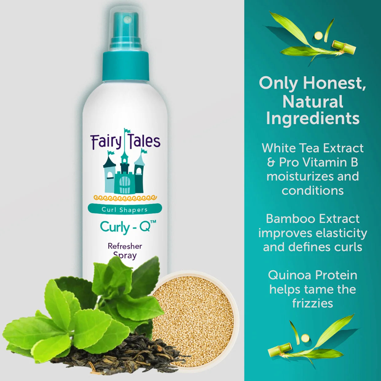 A bottle of Fairy Tales Curly-Q Kids Refresher Spray for Curly Hair 8 oz with a castle design appears beside text and images highlighting its lightweight formula and natural ingredients: white tea extract, bamboo extract, and quinoa protein.