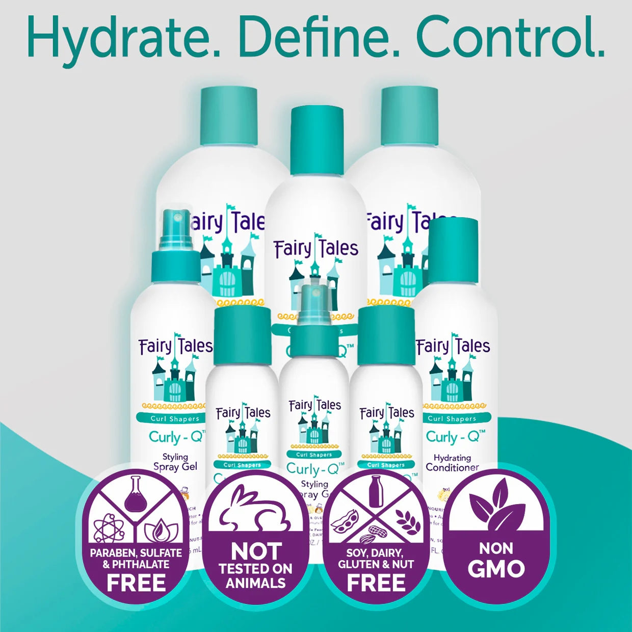 The Fairy Tales Curly-Q Kids Refresher Spray for Curly Hair 8 oz is shown, with Hydrate. Define. Control. above and icons below highlighting frizz control, clean beauty, and that its free from harsh chemicals and not tested on animals.