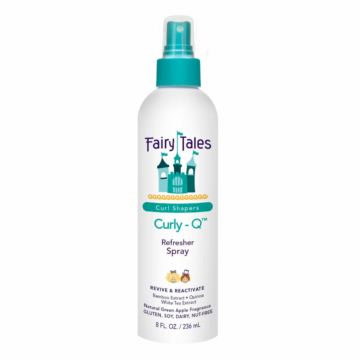 A white 8 oz spray bottle of Fairy Tales Curly-Q Kids Refresher Spray for Curly Hair with a teal label and cap. This lightweight curl spray controls frizz, revives curls with a green apple scent, and is gluten, soy, dairy & nut free.
