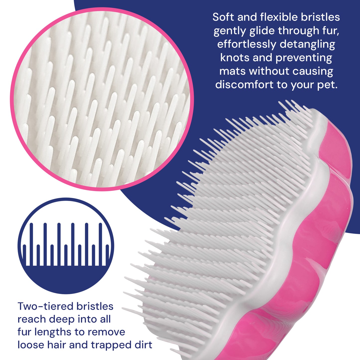 Close-up of the Groom Genie Original Pet Detangling Brush in pink and white, featuring unique two-tiered flexible bristles for gentle detangling, dirt removal, and comfortable grooming—making it a top choice among pet brushes.