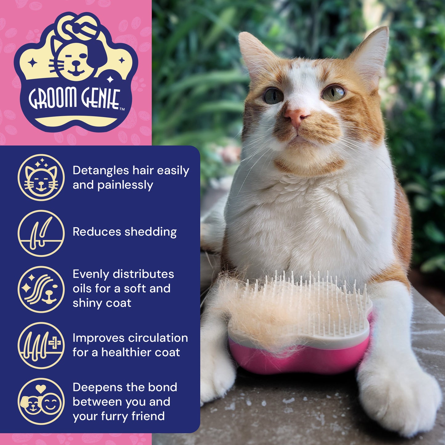 A ginger and white cat relaxes outdoors while being brushed with the Groom Genie Original Pet Detangling Brush, which features a unique bristle design. Nearby, cat-themed graphics and a benefits list highlight innovative pet grooming tools.