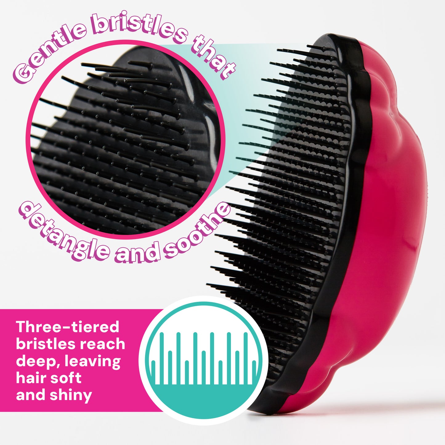 The Knot Genie Teeny Genie Detangling Brush in pink and black features a unique three-tiered bristle design. Close-up reveals gentle bristles that protect the hair cuticle, detangling deeply for soft, shiny hair.