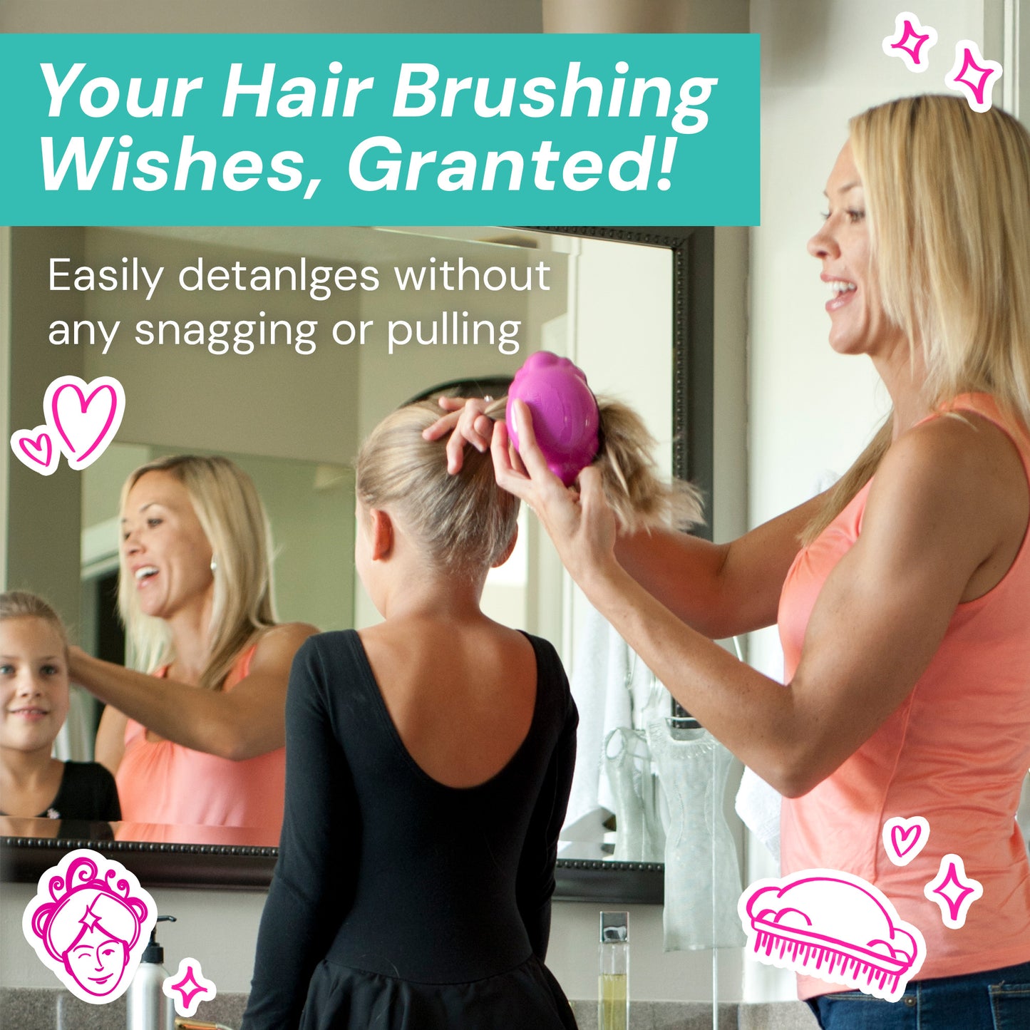 A woman smiles while brushing a young girls hair with a Knot Genie Teeny Genie Detangling Brush in front of a bathroom mirror. Text: Your Hair Brushing Wishes, Granted! Unique bristles easily detangle without snagging or pulling. Cartoon icons decorate the image.