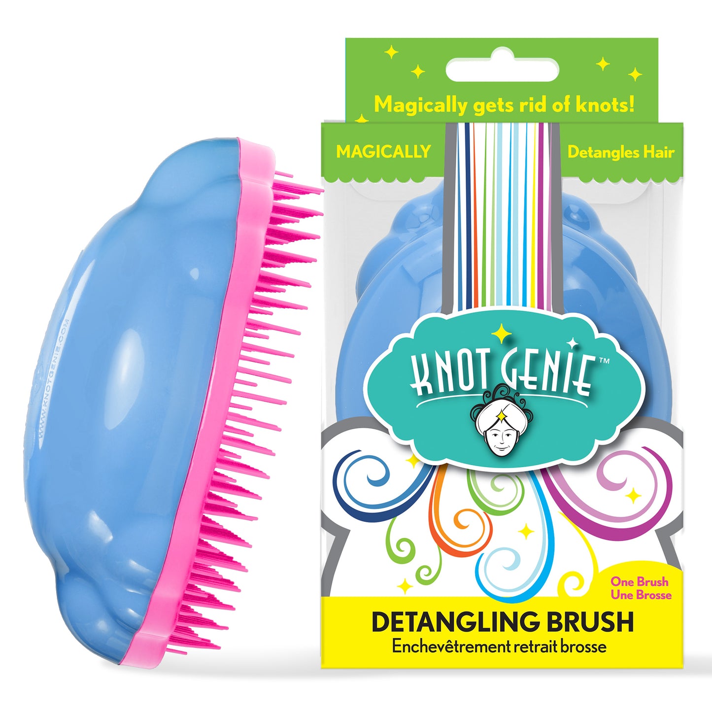 A blue and pink Knot Genie Detangling Brush Original sits next to its vibrant box, which boasts that it magically removes knots and makes hair brushing easy, featuring swirling designs and a playful cartoon logo.