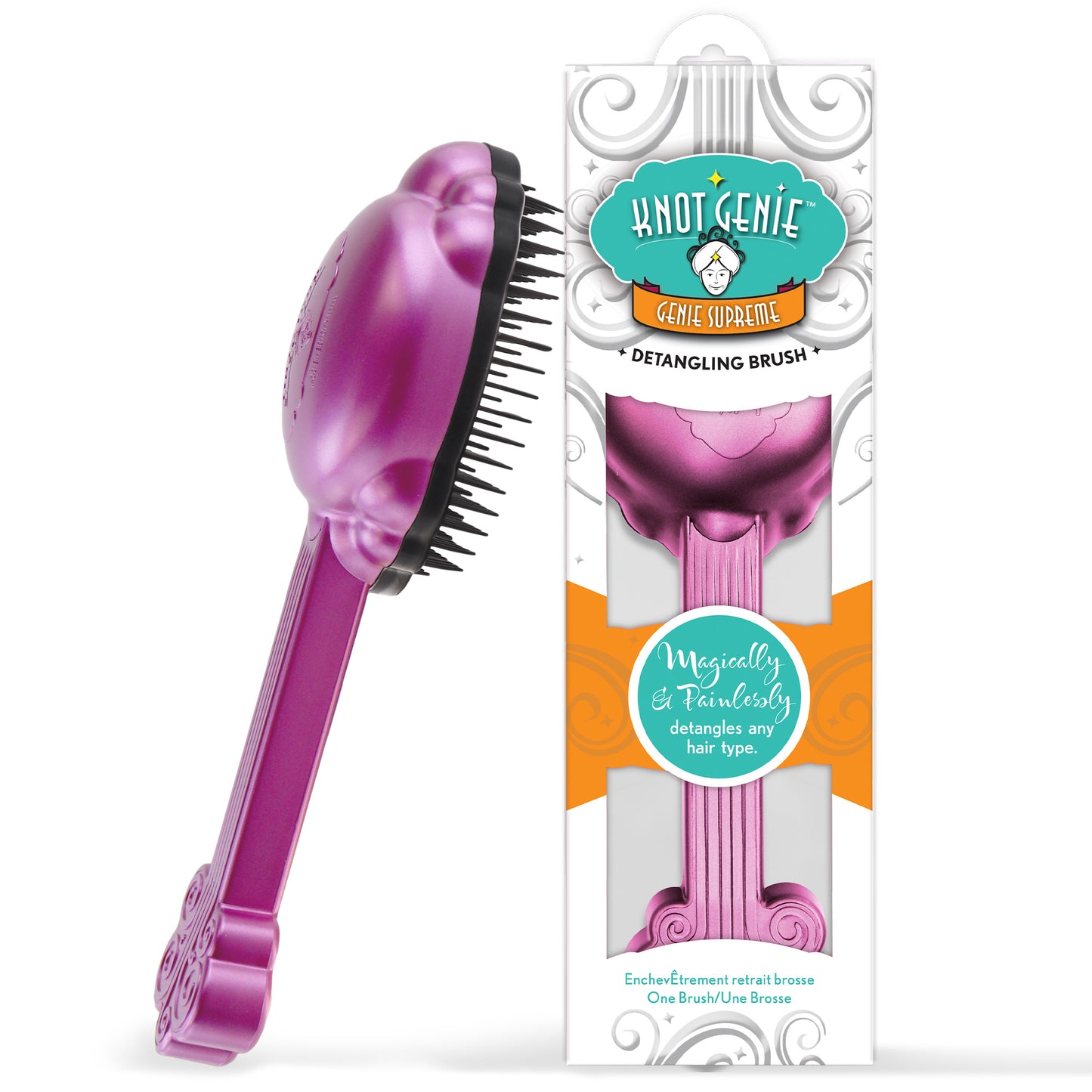 A pink Knot Genie Supreme Genie Detangling Brush sits next to its white and orange branded packaging, displaying the phrase “Magically & Painlessly detangles any hair type” while being gentle on your hair’s cuticle.