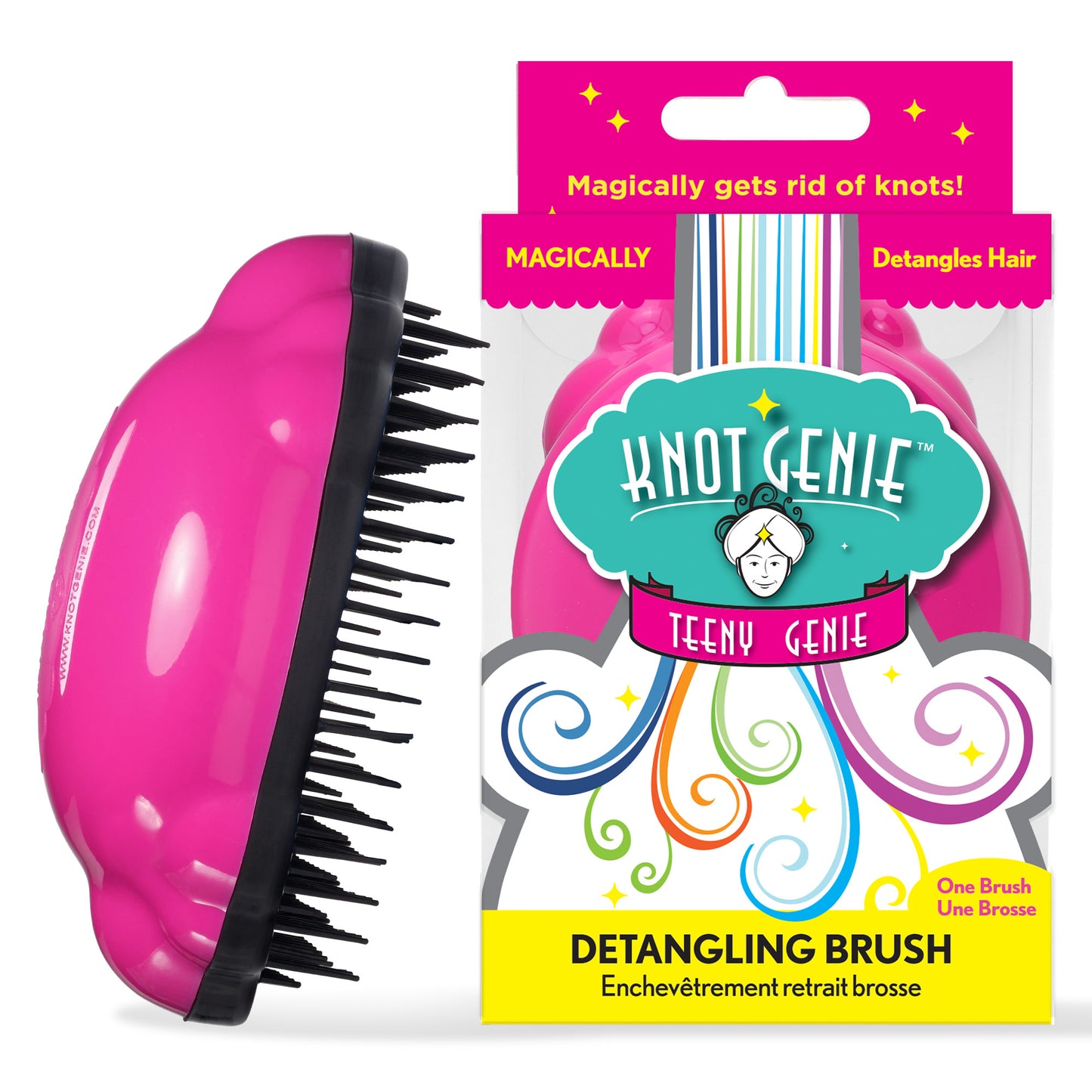 A pink Knot Genie Teeny Genie Detangling Brush sits next to its colorful box with swirling stars. Its special bristles gently glide through hair, detangling while helping protect the cuticle.