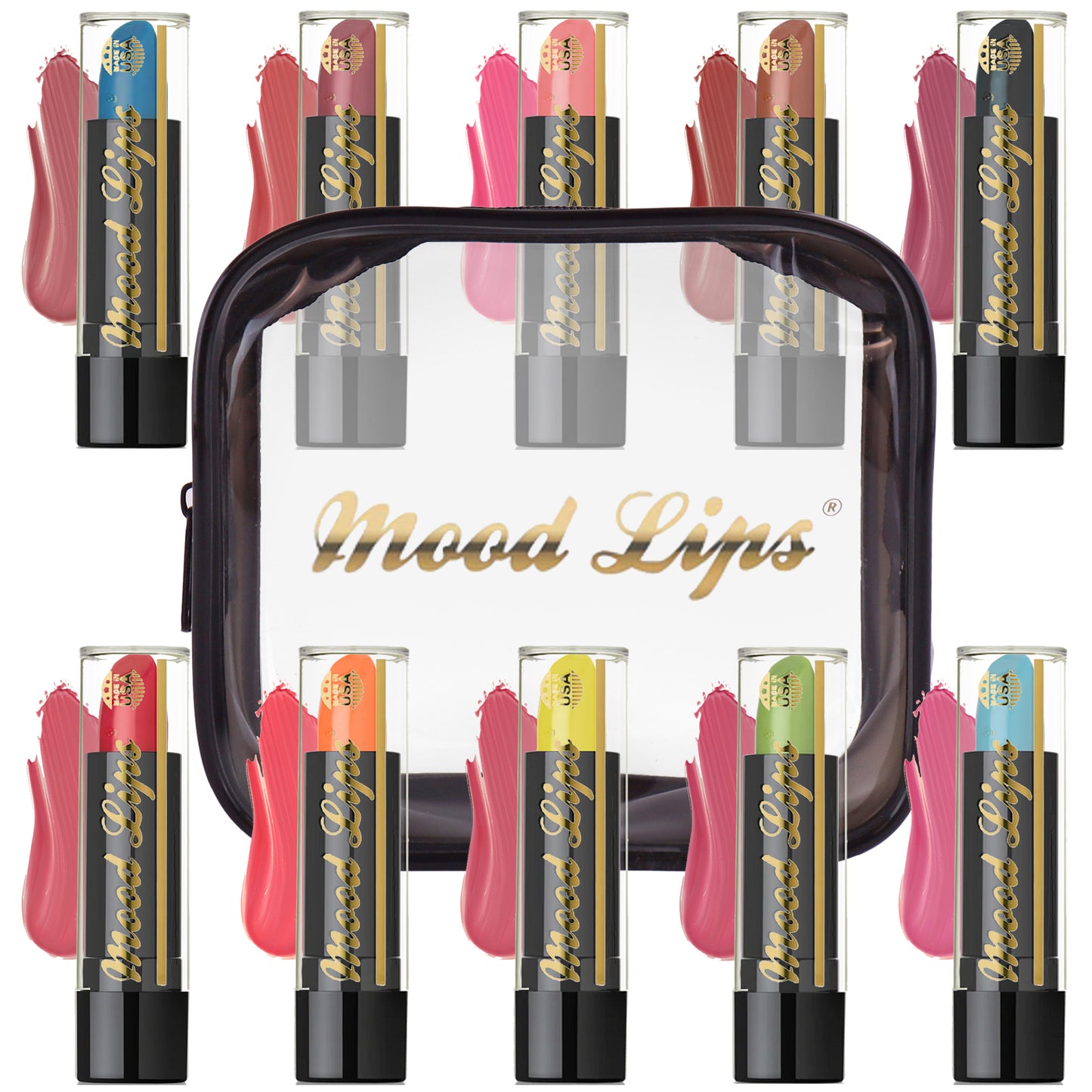 The Mood Lips 10 Pack Set features ten color-changing lipsticks enriched with antioxidant vitamins, displayed around a clear cosmetic bag with “Mood Lips” in gold script. Each unique shade is shown with a swatch.