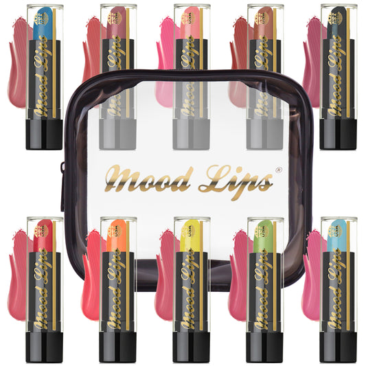 The Mood Lips 10 Pack Set features ten color-changing lipsticks enriched with antioxidant vitamins, displayed around a clear cosmetic bag with “Mood Lips” in gold script. Each unique shade is shown with a swatch.