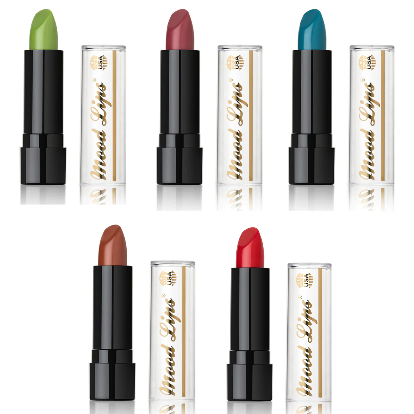 Six Mood Lips Color Changing Lipsticks in black tubes with clear, gold-labeled caps are shown in green, mauve, blue, brown, and red shades, standing upright and evenly spaced on a white background.