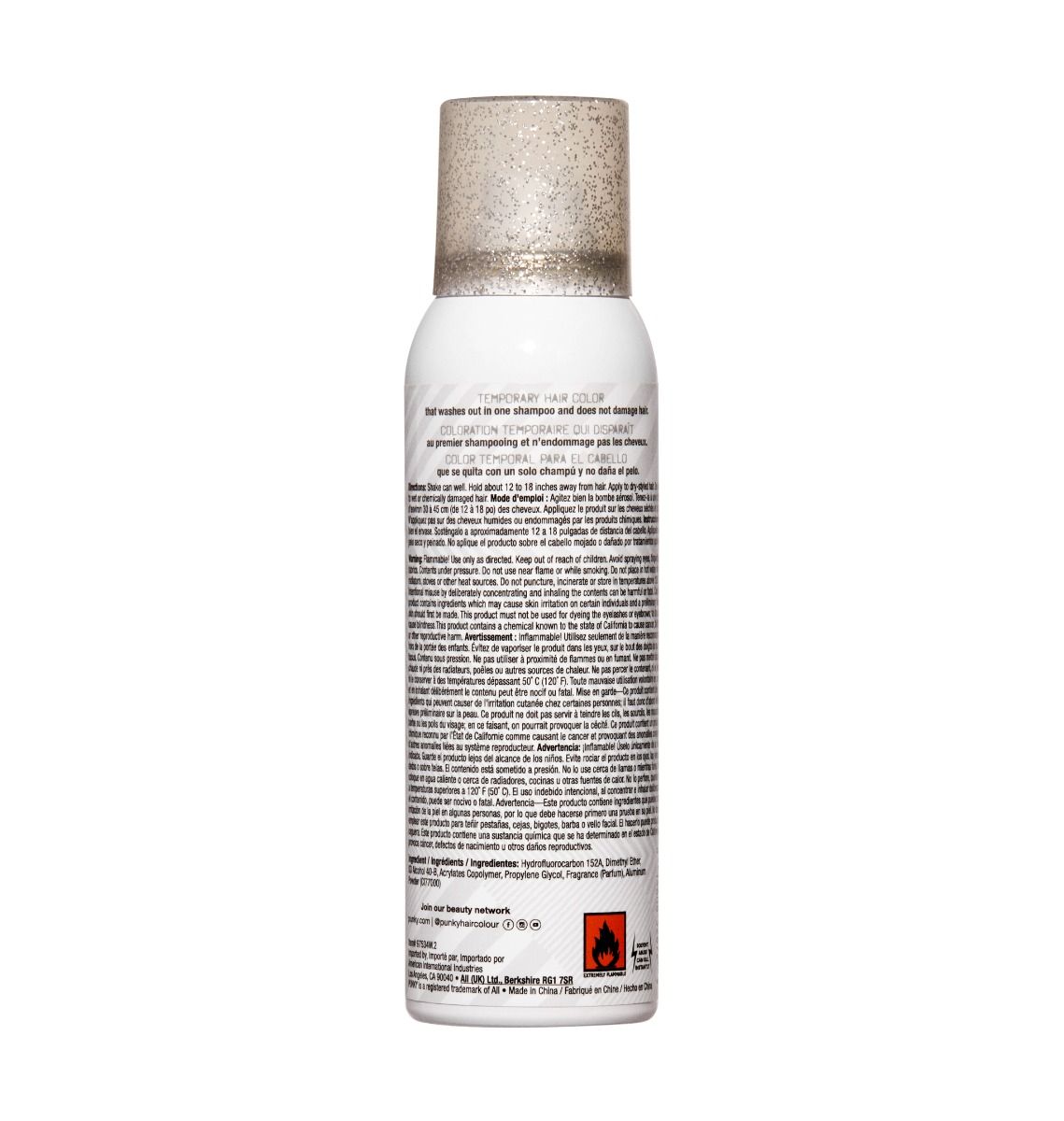 A white aerosol can of Punky Temporary Hair and Body Glitter Spray 3.5 oz - Silver is shown from the back. The translucent glittery cap tops a label with product details, usage, ingredients, and safety info in small black text.