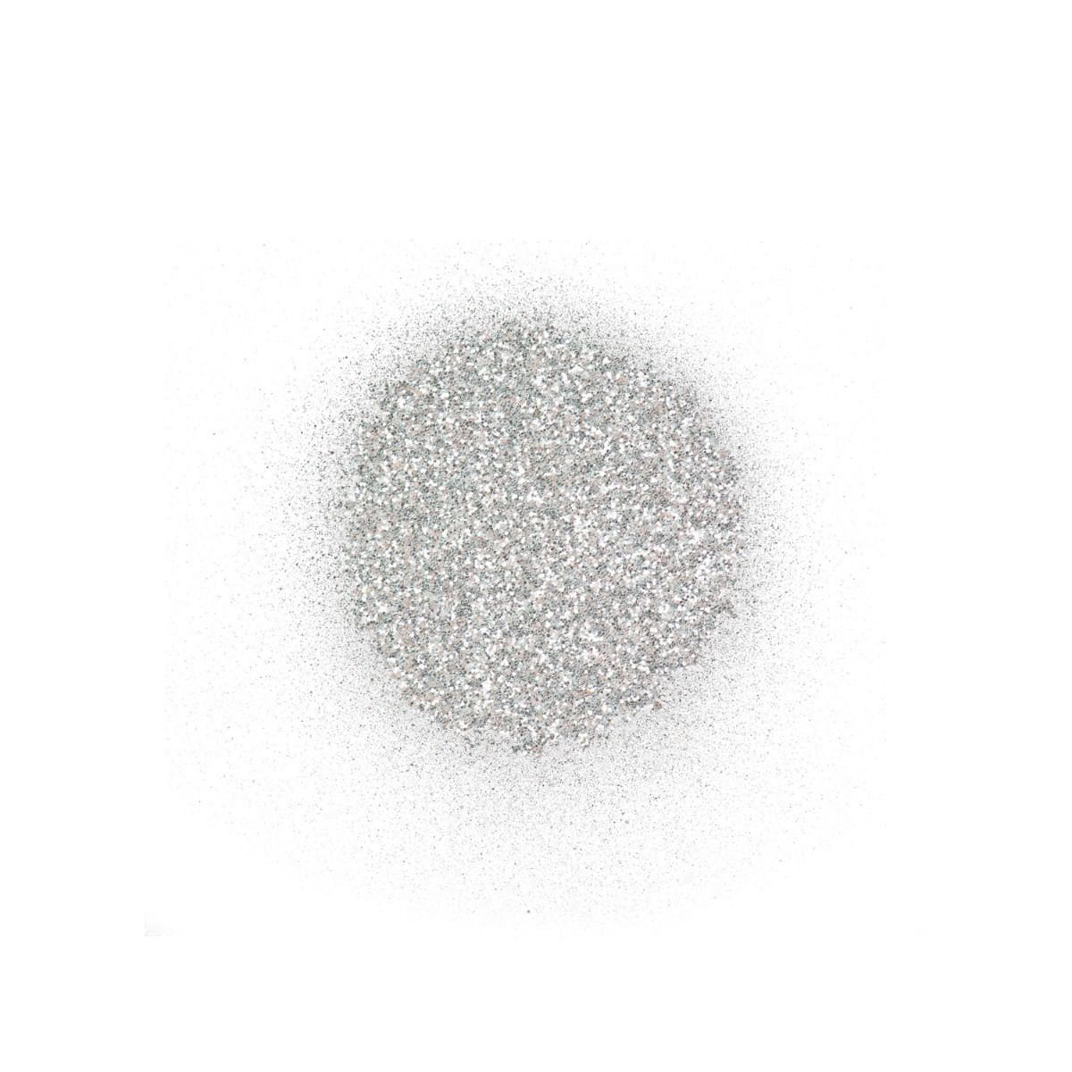 A sparkling, circular cluster of Punky Temporary Hair and Body Glitter Spray 3.5 oz - Silver is sprayed onto a white surface, with fine, vegan-friendly silver glitter scattered and some loose pieces surrounding it.