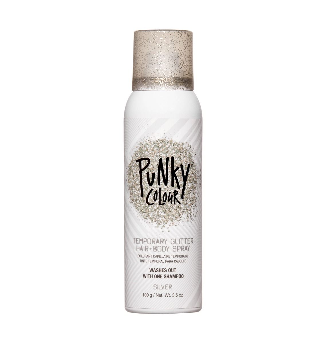 A white can of Punky Temporary Hair and Body Glitter Spray 3.5 oz in Silver, with a glitter cap and sparkling design. This vegan-friendly spray offers temporary glitter that washes out easily with one shampoo.