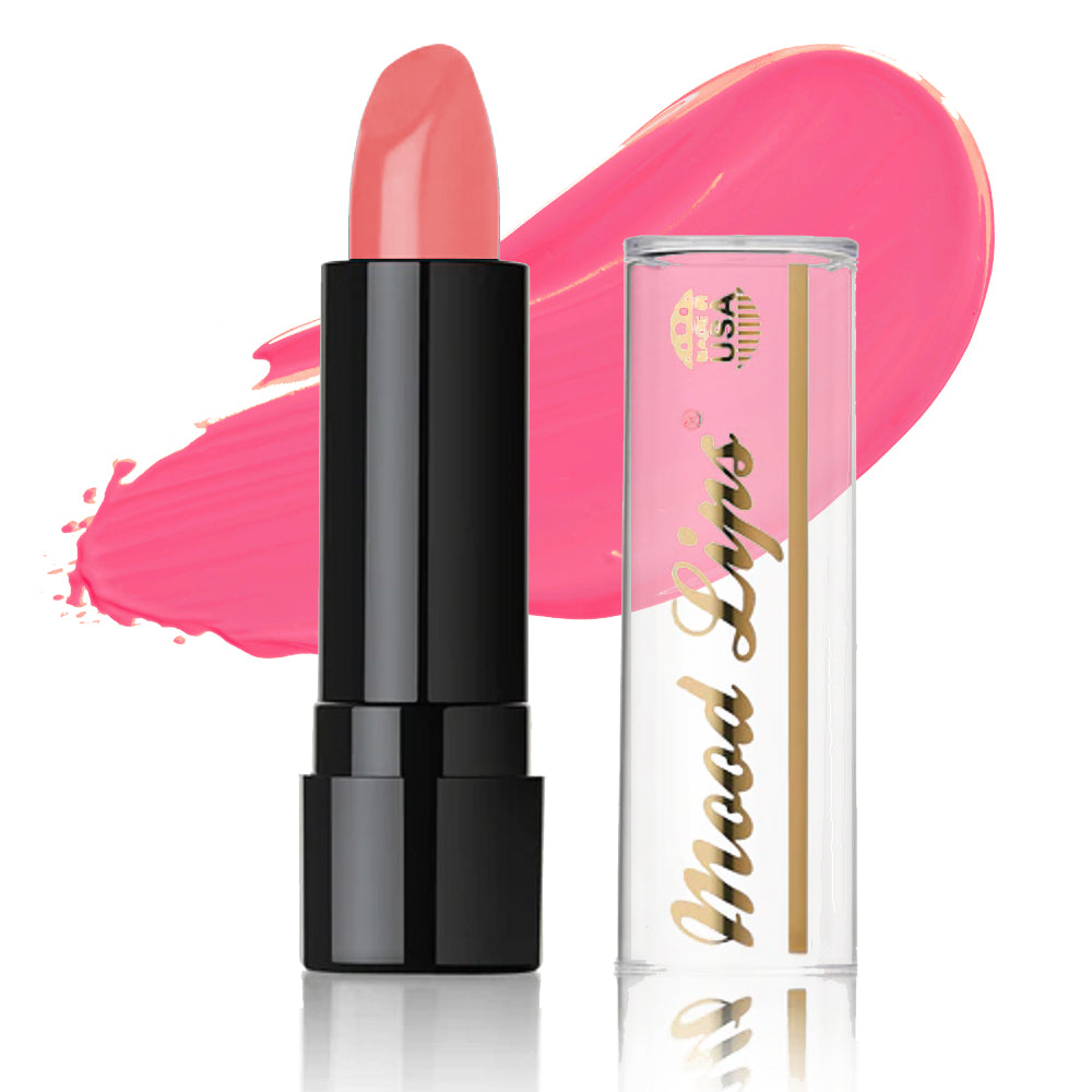 The Mood Lips Color Changing Lipstick, in a black tube with a clear cap gold-stamped Mood Lips, stands beside a pink lipstick smear—a striking backdrop for anyone seeking long-lasting lip color.
