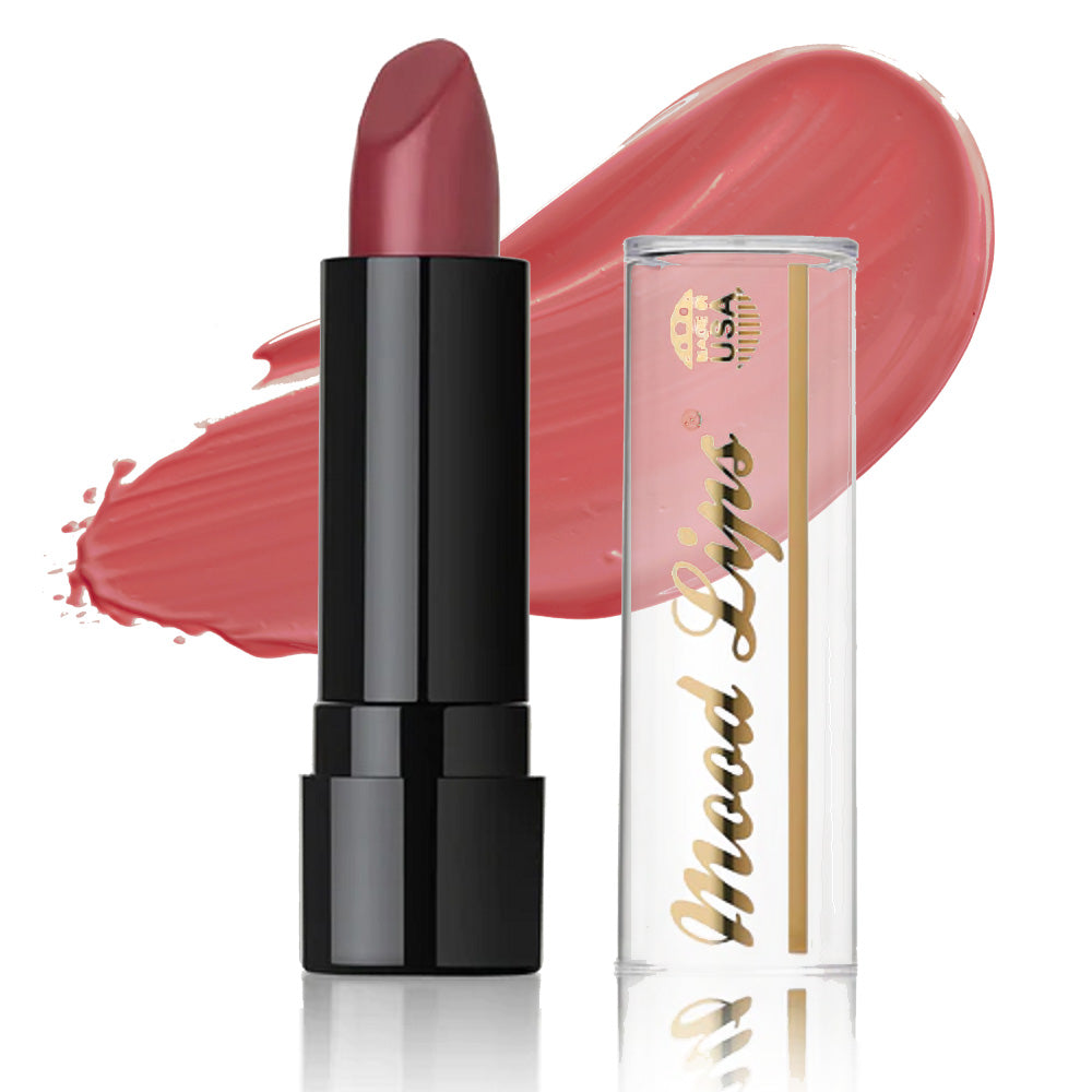 A mauve Mood Lips Color Changing Lipstick in a black tube stands by its clear cap with gold branding, with a swatch of the shade behind—one of our long-lasting lipsticks enriched with Antioxidant Vitamins for extra care.