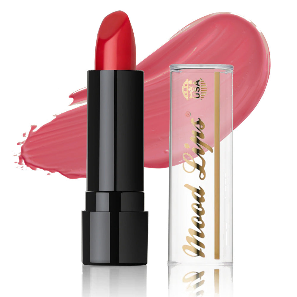 A tube of Mood Lips Color Changing Lipstick with a black base sits beside a clear cap, while a smear of pinkish-red highlights its long-lasting formula enriched with Antioxidant Vitamins.