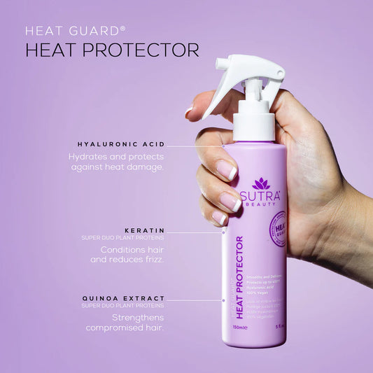 A hand holds a purple bottle of Sutra Heat Protector against a matching background, with text noting that hyaluronic acid shields hair from heat, while keratin and quinoa extract enhance strength and protection.