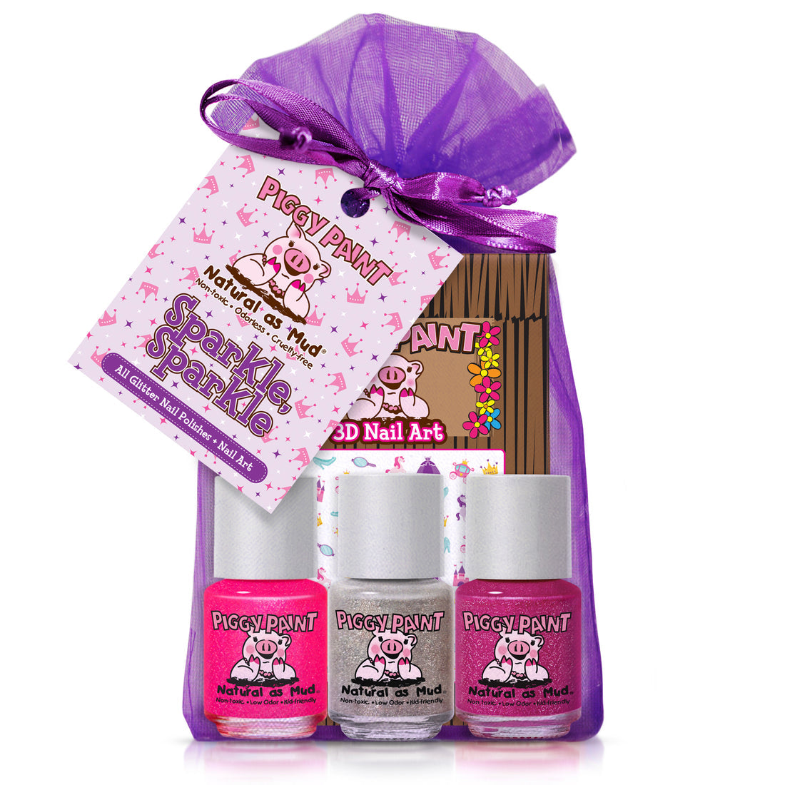 The Piggy Paint Sparkle, Sparkle set includes three non-toxic nail polishes (two pink, one white), a mini nail art sticker sheet, and a cardboard nail file in a purple organza bag with a Piggy Paint Natural as Mud Sparkle, Sparkle tag.