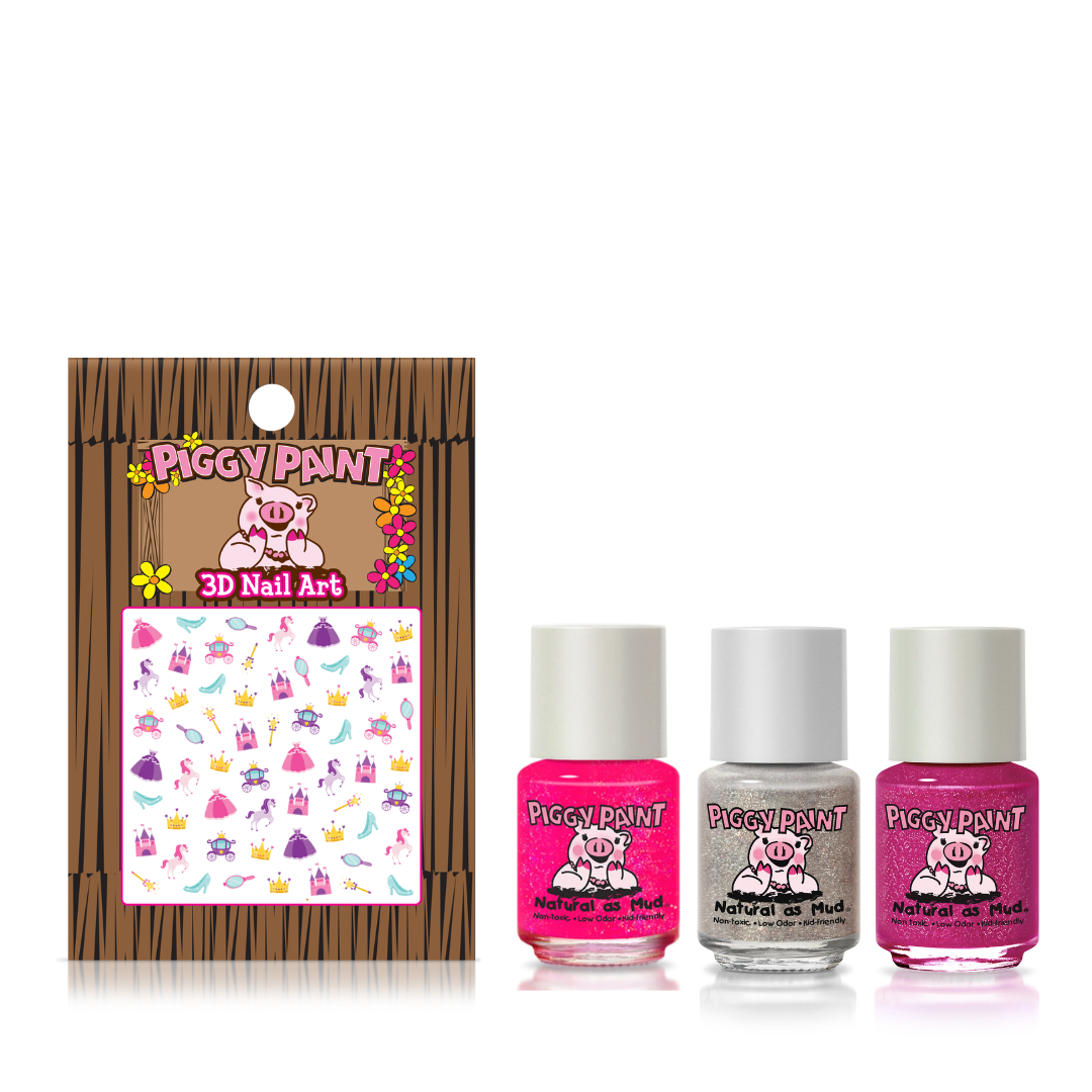 Three bottles of Piggy Paint Sparkle, Sparkle nail polish in pink, silver, and fuchsia are next to a pack of kid-friendly nail art stickers with crowns, shoes, gems, and flowers on a wood-patterned background.