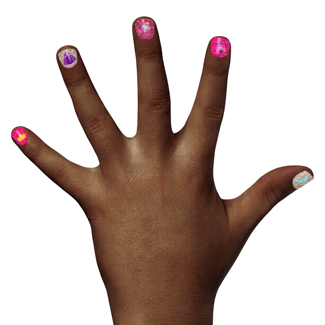 A childs hand with fingers spread displays vibrant, kid-friendly nail art using Piggy Paint Sparkle, Sparkle non-toxic nail polish and stickers on each fingernail, set against a white background.