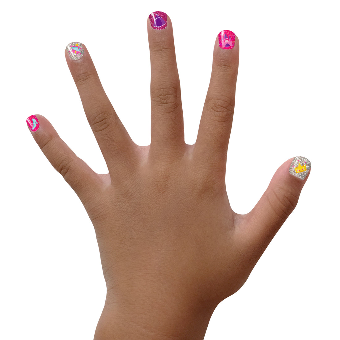A childs left hand with fingers spread shows nails decorated in pink and silver designs using Piggy Paint Sparkle, Sparkle—non-toxic, kid-friendly nail polish—on a white background.