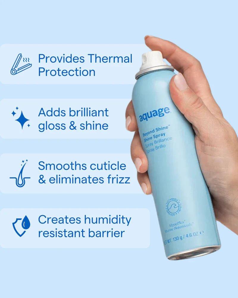 Aquage tire spray shine enhancing gloss and shine while providing thermal protection and frizz control
