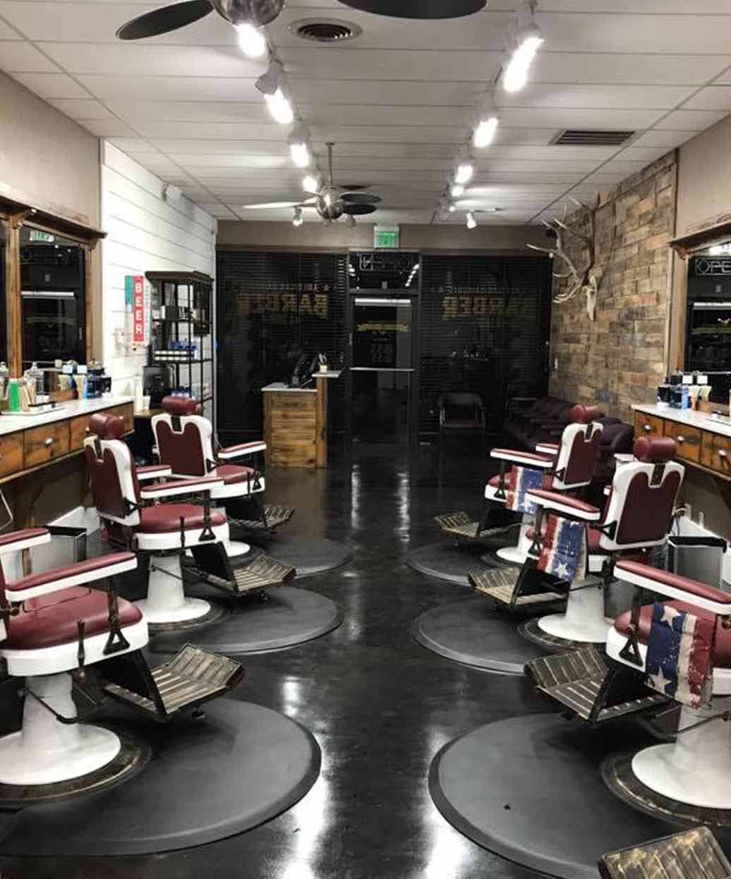 Buy Rite salon anti fatigue mat under barber chairs in classic barbershop with wooden stations