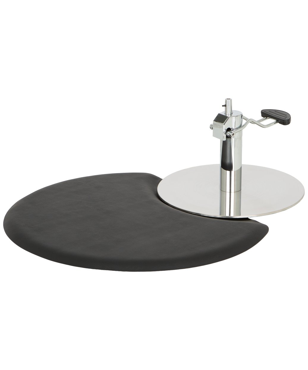 Buy-Rite Comfort Plus hair stylist mat. Black crescent anti fatigue salon mat under hydraulic chair base
