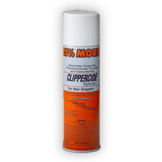 Clippercide spray for hair clippers in a spray can, designed for cleaning and disinfecting tools