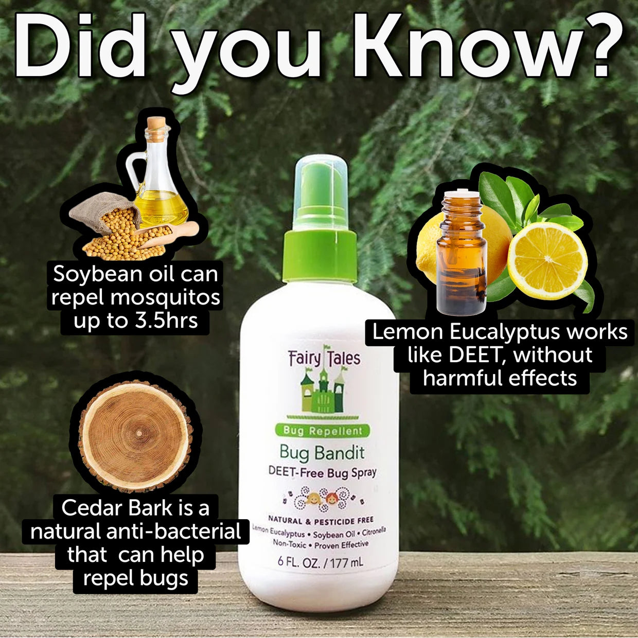 Fairy Tales Bug Bandit spray bottle with natural ingredient icons highlighting DEET free bug spray for kids