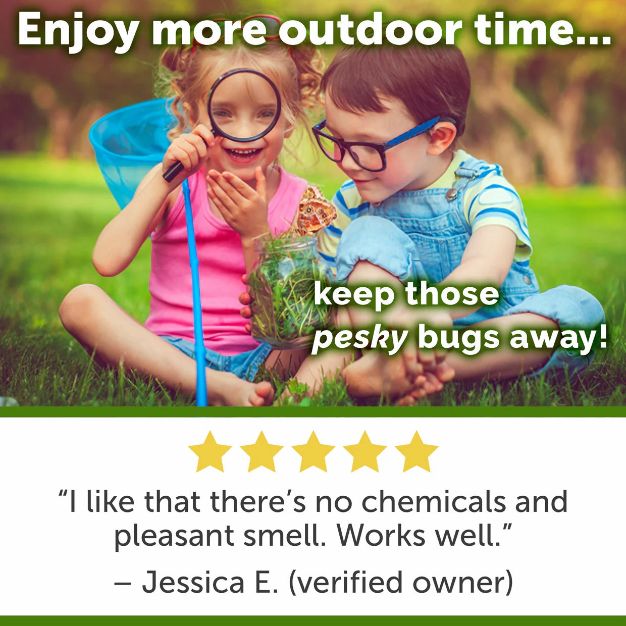 Two children playing in grass with magnifying glass and jar promoting DEET free bug spray for kids to keep bugs away