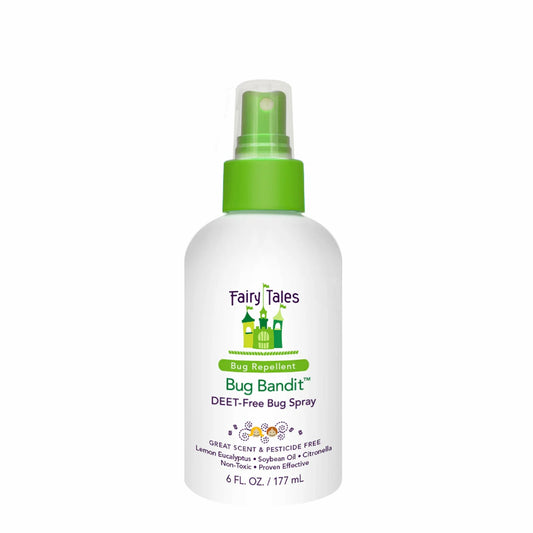Fairy Tales Bug Bandit DEET free bug spray for kids white bottle with green spray top