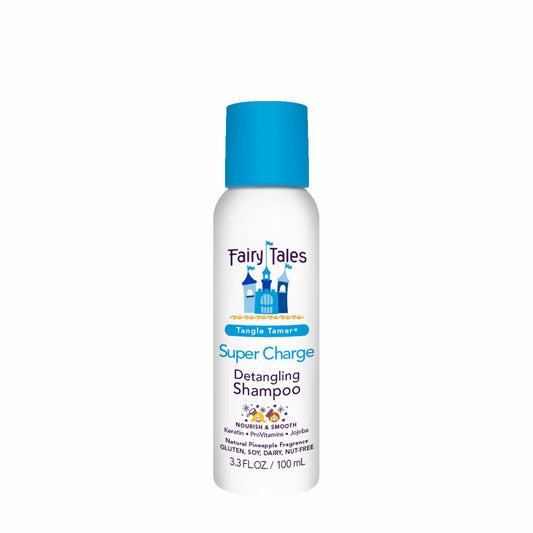 Fairy Tales Super Charge kids detangling shampoo white bottle with blue cap and castle logo 100 ml