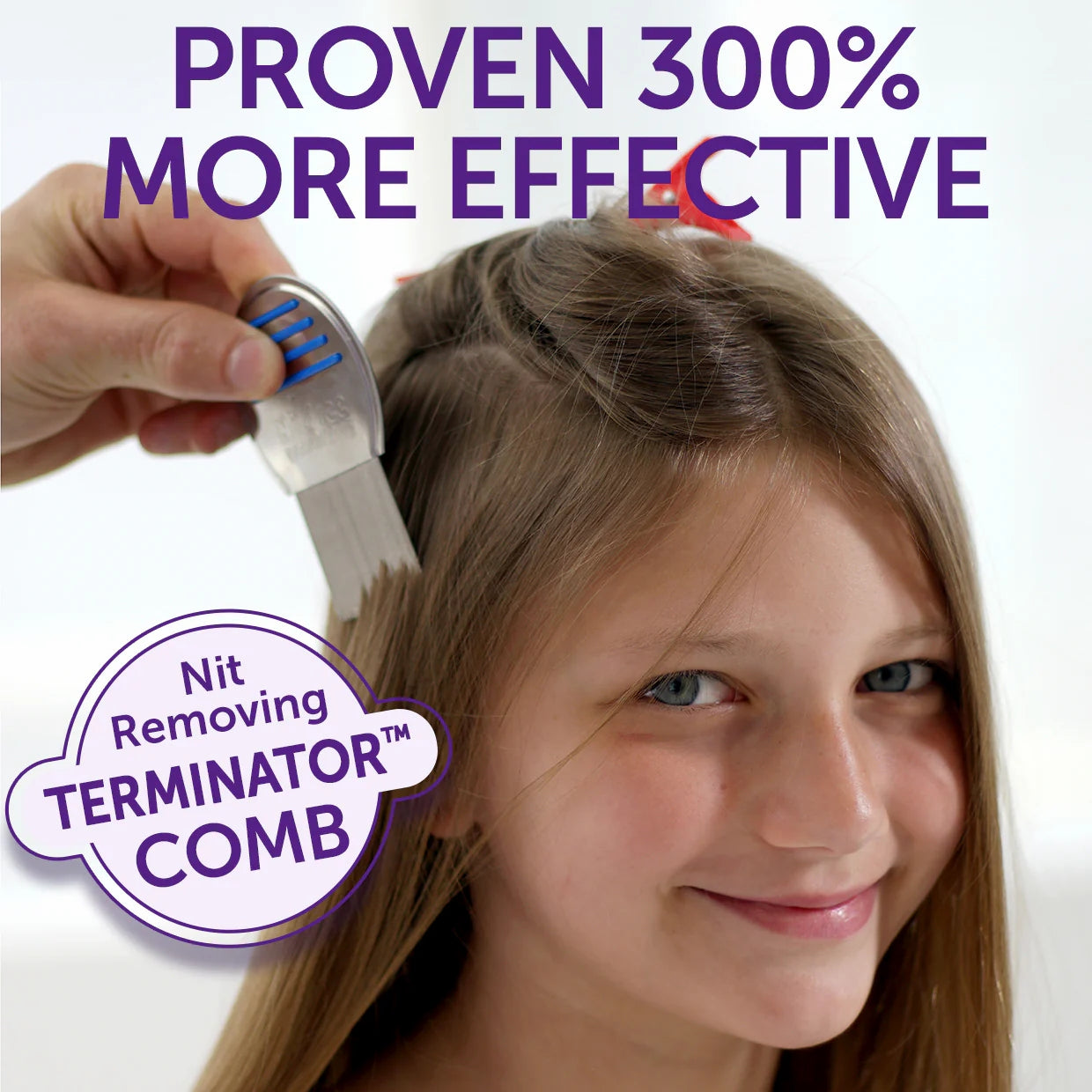 Fairy Tales lice removal comb used on a smiling girl with long brown hair to remove nits and lice