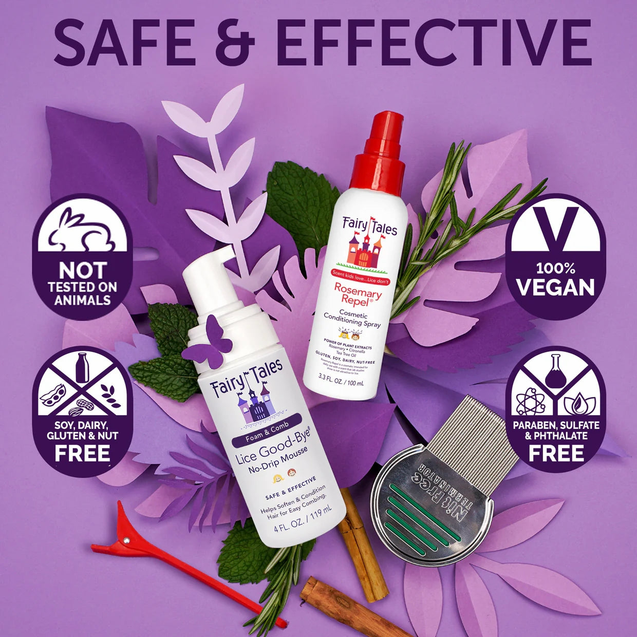 Fairy Tales lice removal comb with Rosemary Repel conditioning spray and Lice Goodbye no drip mousse on purple background
