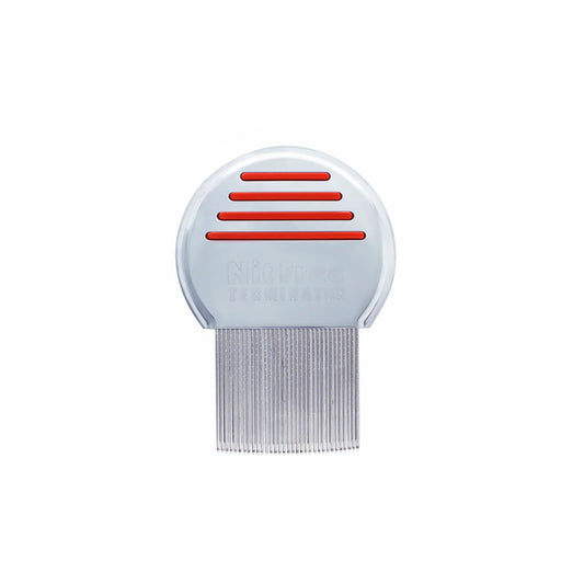 Fairy Tales lice removal comb with round white handle red grip stripes and stainless fine teeth